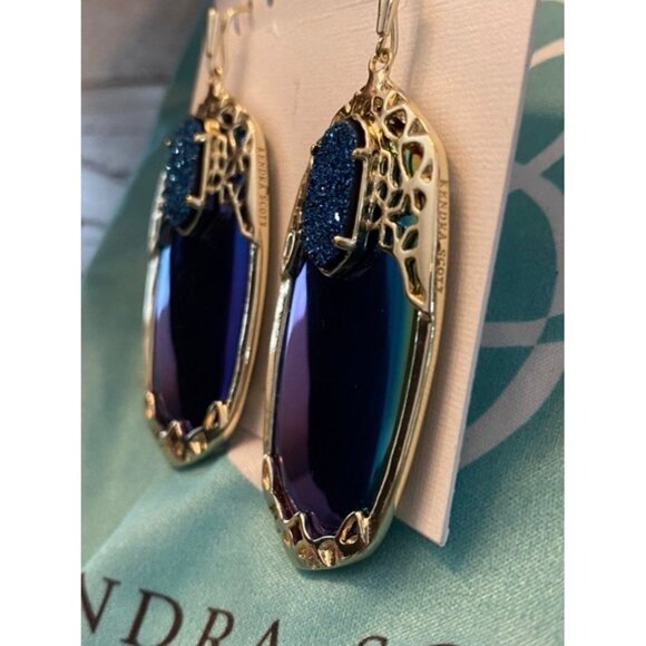 Kendra Scott Deva Statement Earrings Black Iridescent & Blue Druzy In Gold RARE - Picture 4 of 5